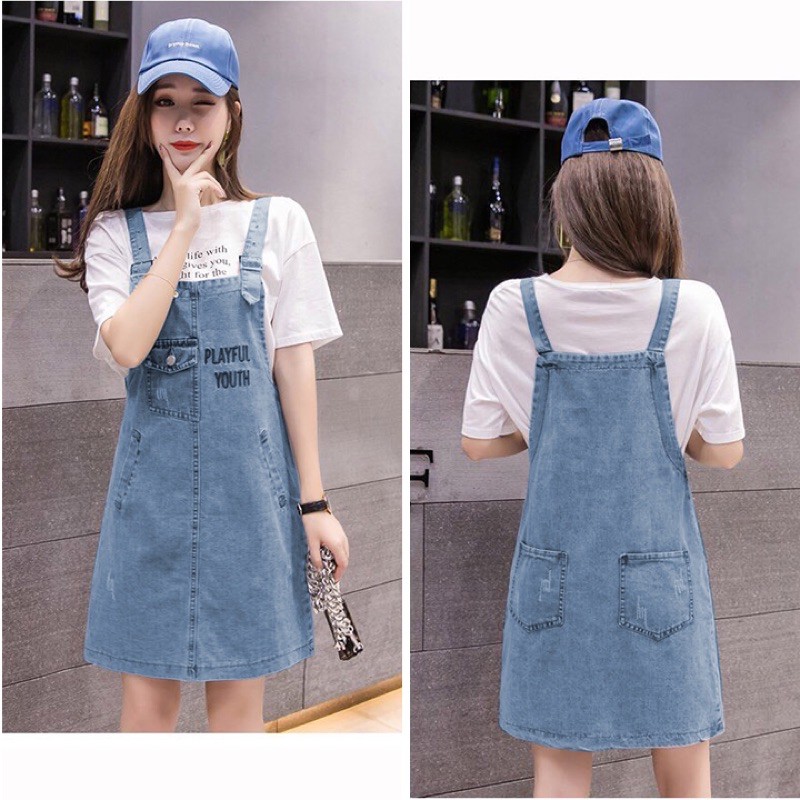 đầm yếm jean 2 dây wash cào phối chữ bao xinh