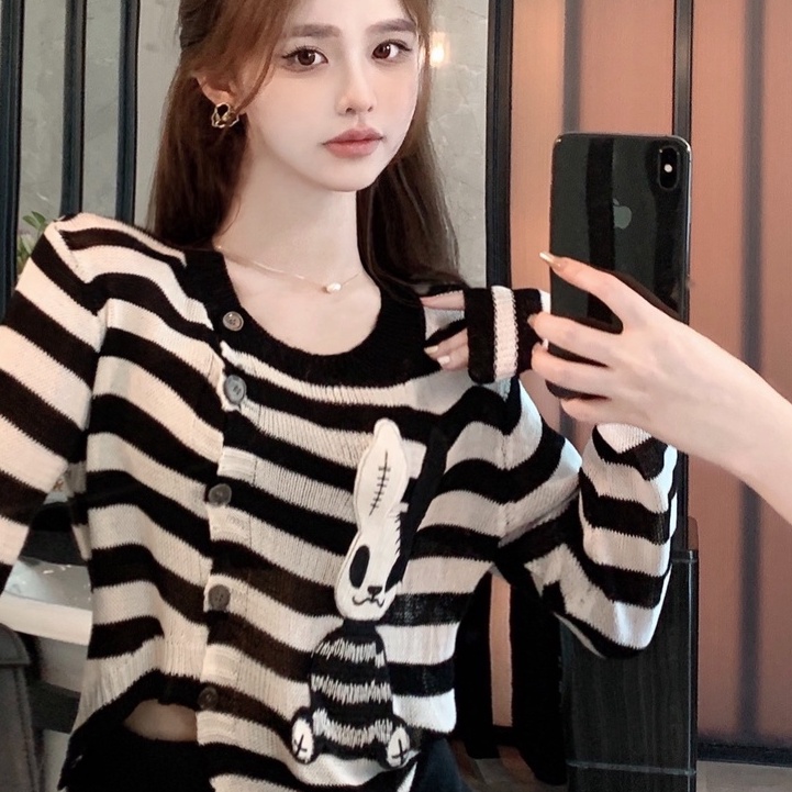 Áo croptop ZHELIHANGFEI dệt kim tay dài dáng rộng họa tiết kẻ sọc thêu họa tiết xinh xắn