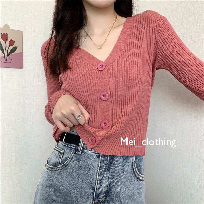 [Ảnh thật/sẵn] Áo len Cardigan dài tay cổ V màu trơn phong cách Hàn Quốc