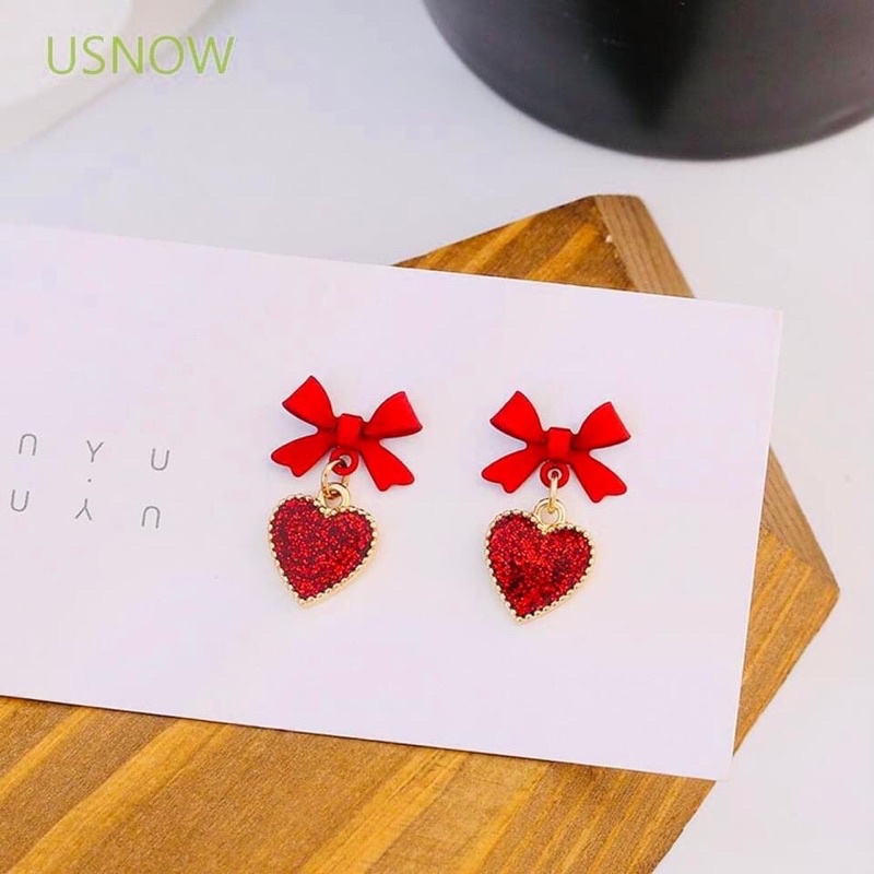 Bông tai trái tim nơ đỏ ánh xà cừ dễ thương cho nữ