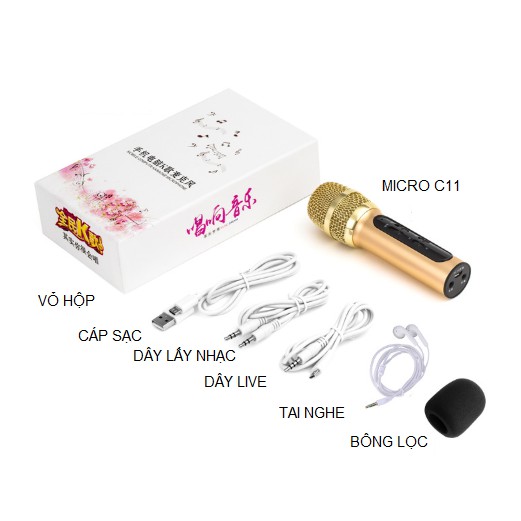 Bộ Micro C11 Live Stream, Hát Karaoke Chuyên Nghiệp Mới, Đầy Đủ Phụ Kiện Tai Nghe, Cáp Sạc, Dây Live, Dây Lấy Nhạc ...