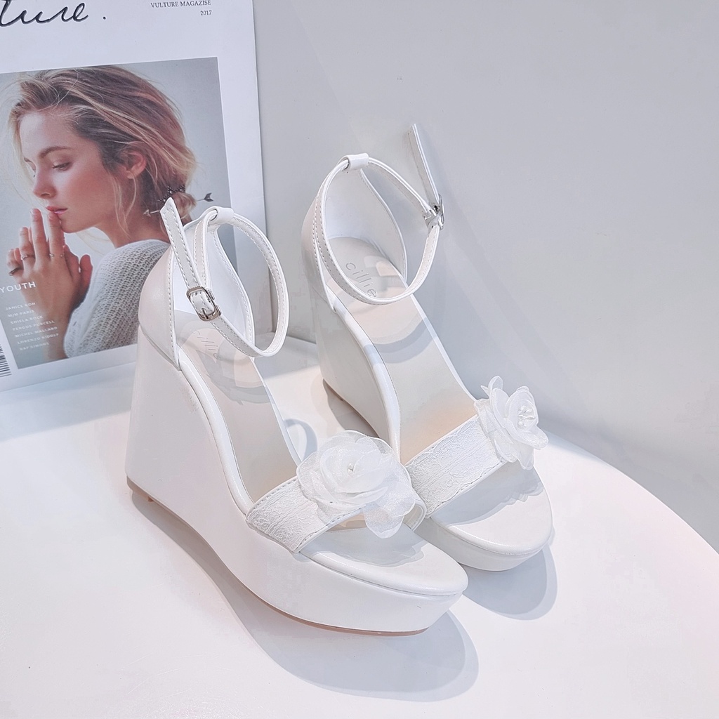 Giày cưới sandal cao gót xuồng nữ phối ren đính hoa cao 11cm đúp trước 3cm phù hợp đi tiệc đám cưới Cillie 1110
