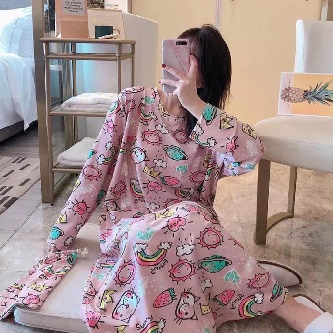 Đầm Cotton Polygligee Tay Dài Ôm Dáng Mịn Màng Không Túi Nhập Khẩu - Màu Hồng Cầu Vồng S
