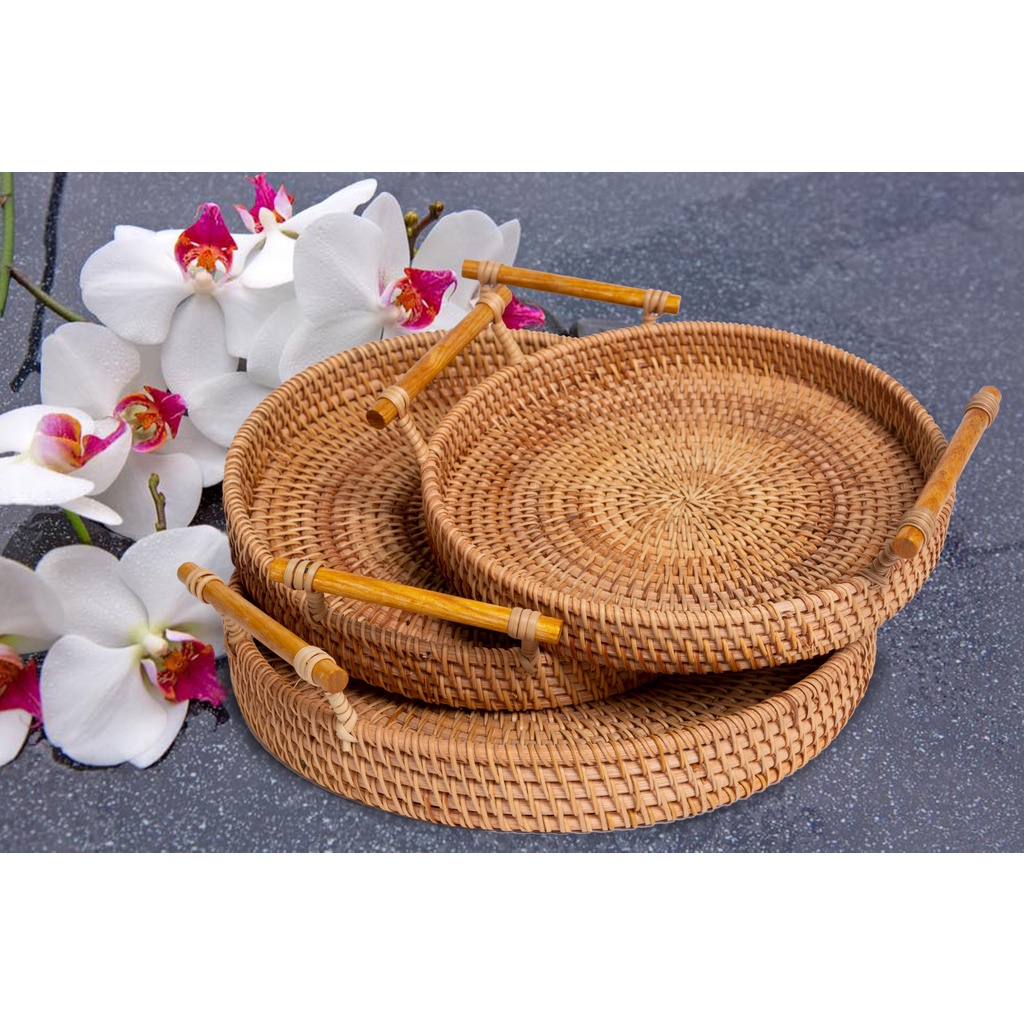 bộ Khay mây hình tròn có tay cầm , Khay trưng bày món ăn , decor, chụp hình, phụ kiện bàn ăn - khay deco - Hàng Việt Nam