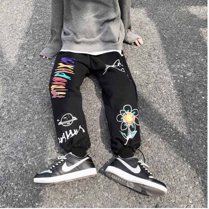 Quần Jogger Dài Ống Rộng In Hình Hoa ⚡️ MẪU MỚI ⚡️Nỉ Ulzzang Dây Rút Ở Gấu Ống Suông phong cách hàn quốc mặc được 2 kiểu