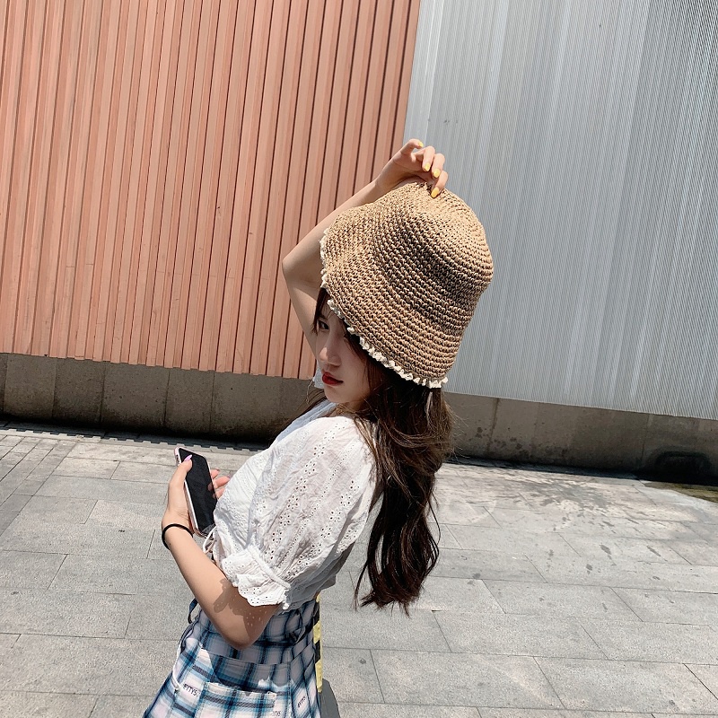 Nón Tai Bèo Đan Cói Rộng Vành Phối Ren Kiểu Hàn Quốc Thời Trang Mùa Hè Cho Nữ