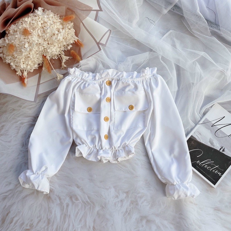 áo croptop bẹt vai túi hộp phối nút mới về