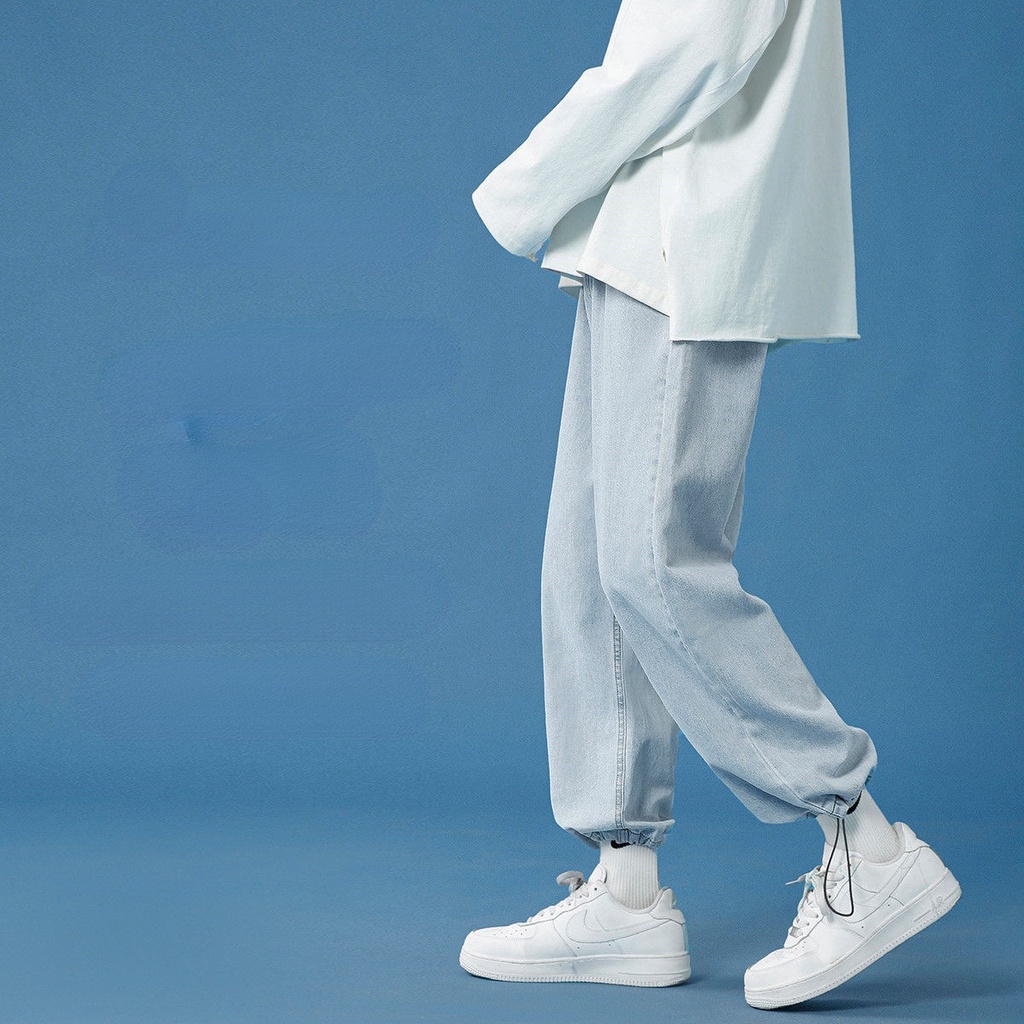 Quần Jean Lửng Ống Rộng Màu Sáng Phối Dây Rút Thời Trang Mùa Hè Cho Nam