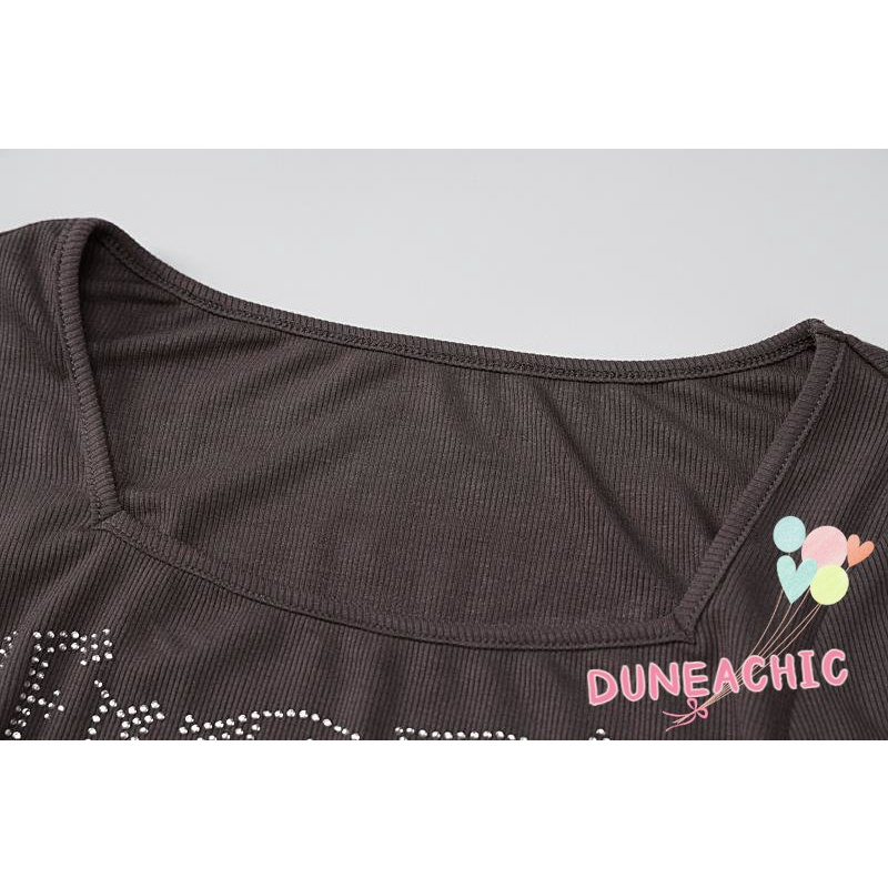 DUNEA Áo kiểu DUNEA tay dài cổ vuông họa tiết đính đá long lanh xinh xắn thời trang dành cho nữ