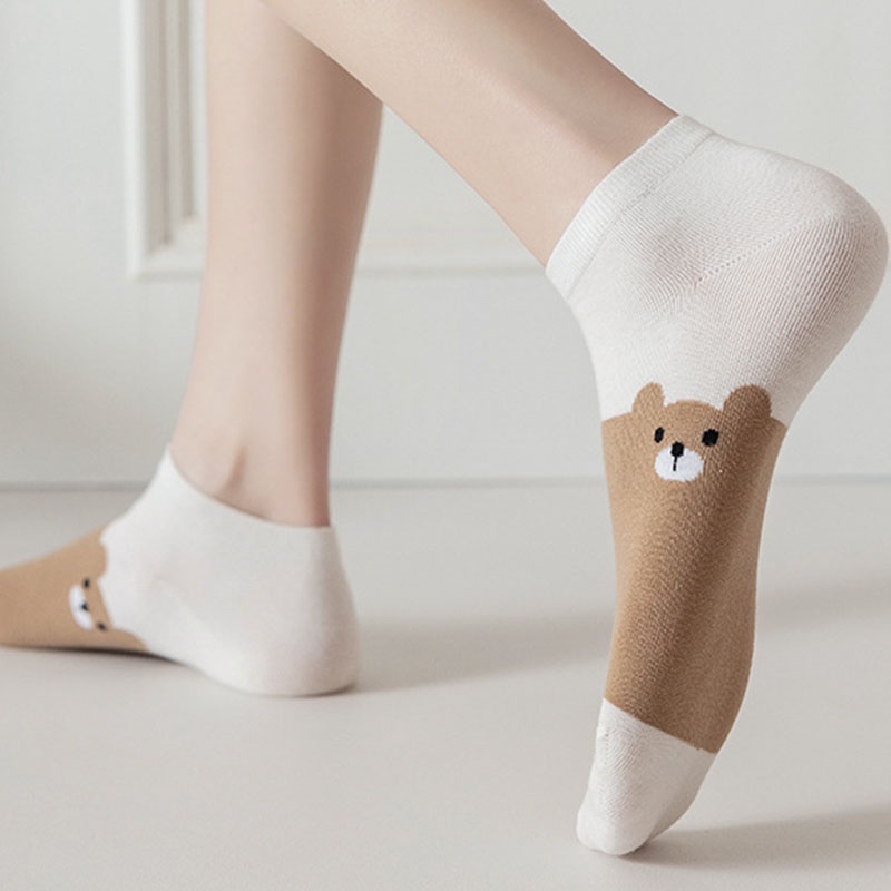 Set 5 Đôi Tất Cotton Mềm Mại Thoáng Khí In Hình Gấu Đáng Yêu Cho Nữ