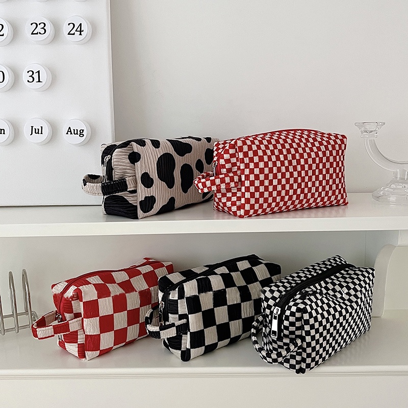 Túi Đựng Bút/Mỹ Phẩm Bằng Vải Nhung Kẻ Sọc Caro Thời Trang