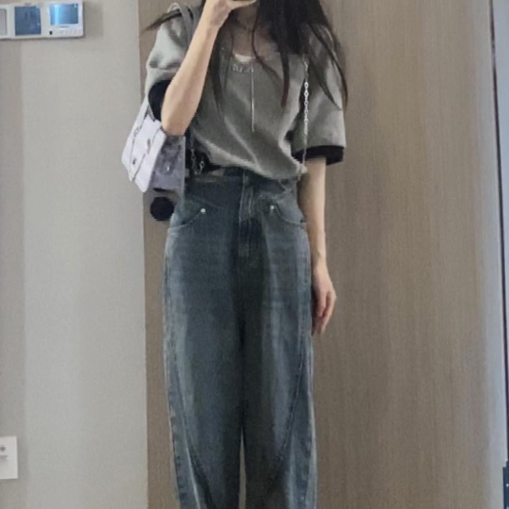 Jiashucheng Áo Thun polo Ngắn Tay Phối Dây Xích Màu Sắc Tương Phản Thời Trang Mùa Hè Cho Nữ