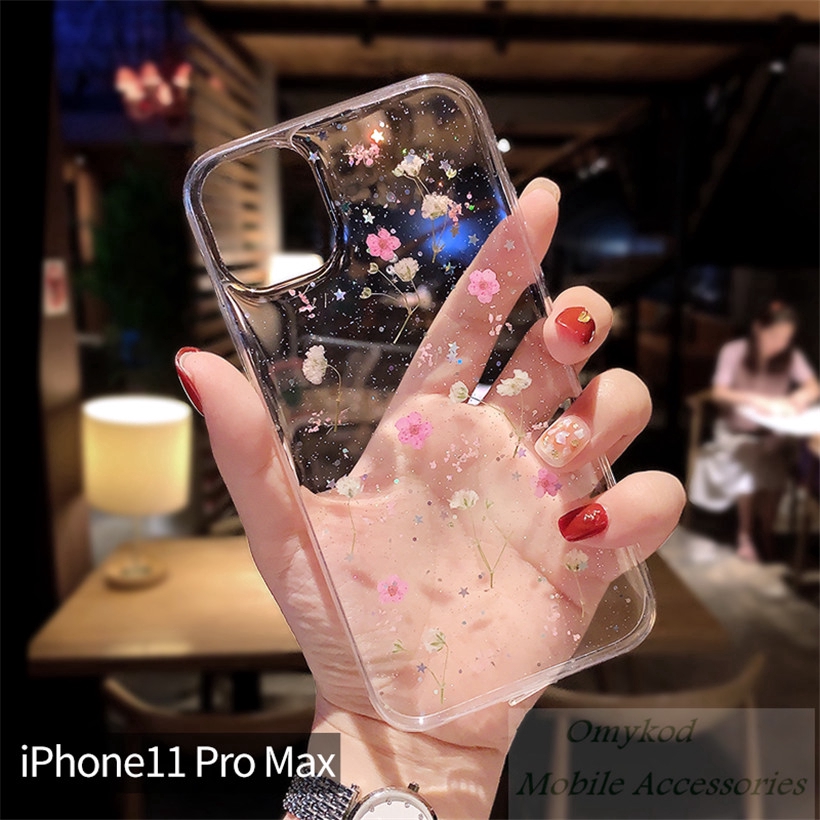 Compatible For iPhone 13 12 11 Pro X XR XS Max 8 7 6 6s Plus SE 2020Ốp điện thoại mềm trong suốt đính hoa khô lấp lánh cho