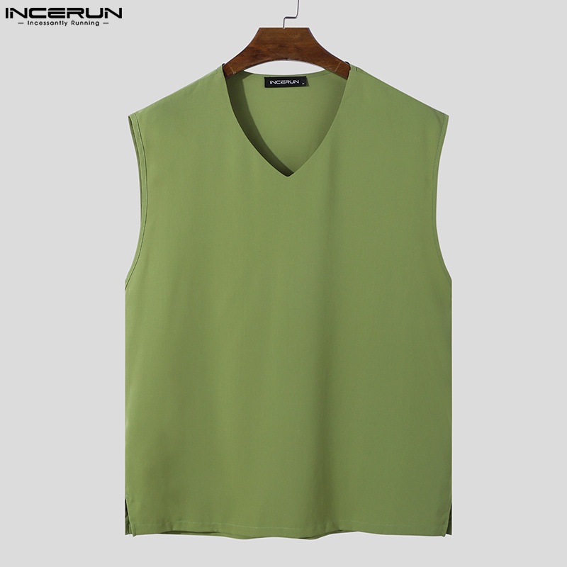 Áo sơ mi nam INCERUN không tay cổ chữ V màu trơn thời trang có 3 màu phong cách Hàn Quốc