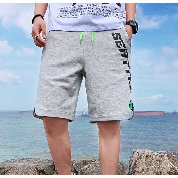 Quần đùi nam HappyFamily - Short thể thao cắt vát ngắn đùi in chữ vải nỉ da cá 100 cotton