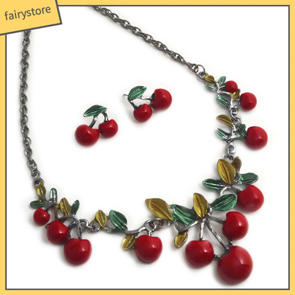 Set dây chuyền và đôi khuyên tai hình trái cherry đỏ thời trang cho nữ