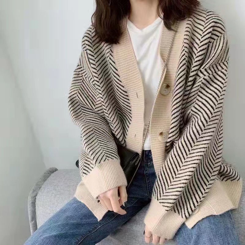 Áo Sweater Dài Tay Kẻ Sọc Xinh Xắn Dành Cho Nữ Áo Sweater Dáng Rộng Phong Cách Retro Cá Tính