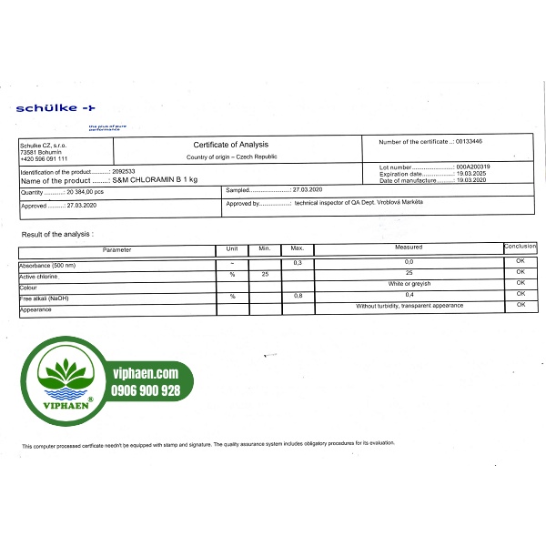 [Chứng nhận Bộ y tế] Cloramin B Tiệp Khắc 25%, Bột khử khuẩn Chloramine B S&M Schulke Séc (Túi 1 Kg)