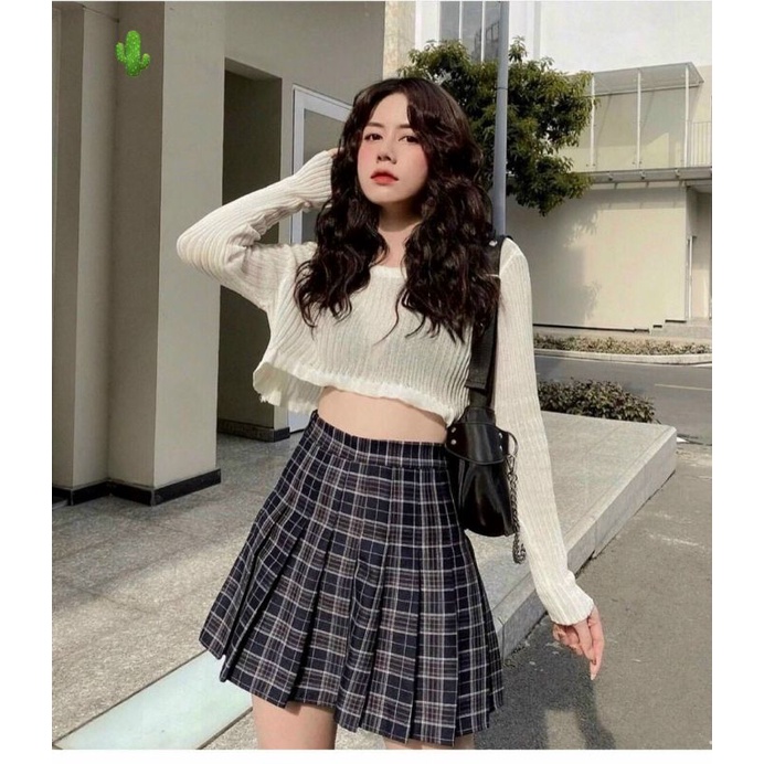 Sét áo croptop + chân váy caro xếp li (có lót trong)