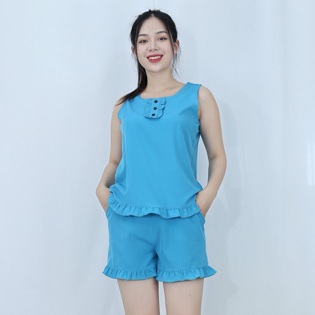 [HÌNH THẬT 100%]  Bộ đồ bộ ngắn  SÁT NÁCH BÈO XANH NÚT ĐEN  - vải lụa ao cấp  - Mềm mại nhẹ
