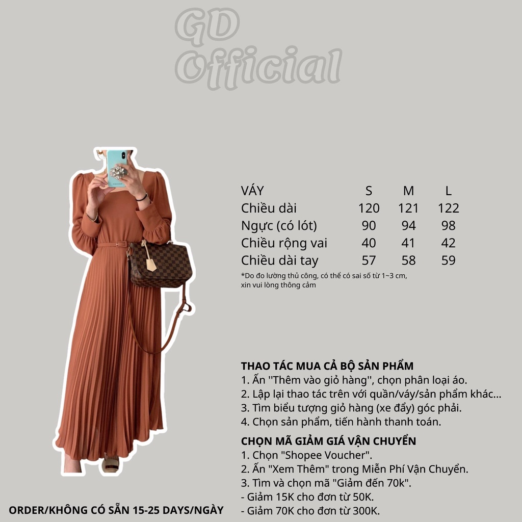 D46|Đầm nữ cổ vuông kèm thắt lưng tay phồng dáng dài nếp gấp chất lụa satin thanh lịch màu đen, cam GD Official