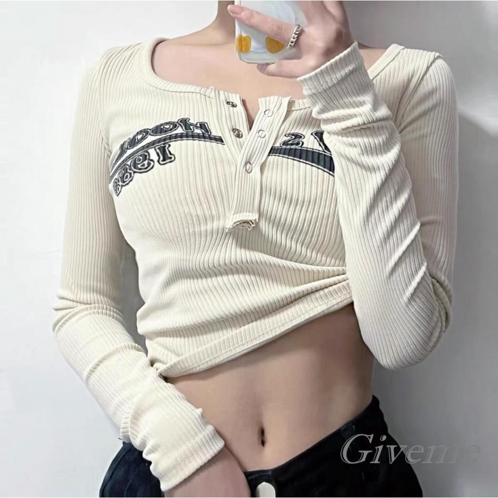 Áo Crop Top Dệt Kim Dài Tay In Chữ Y2k Thời Trang