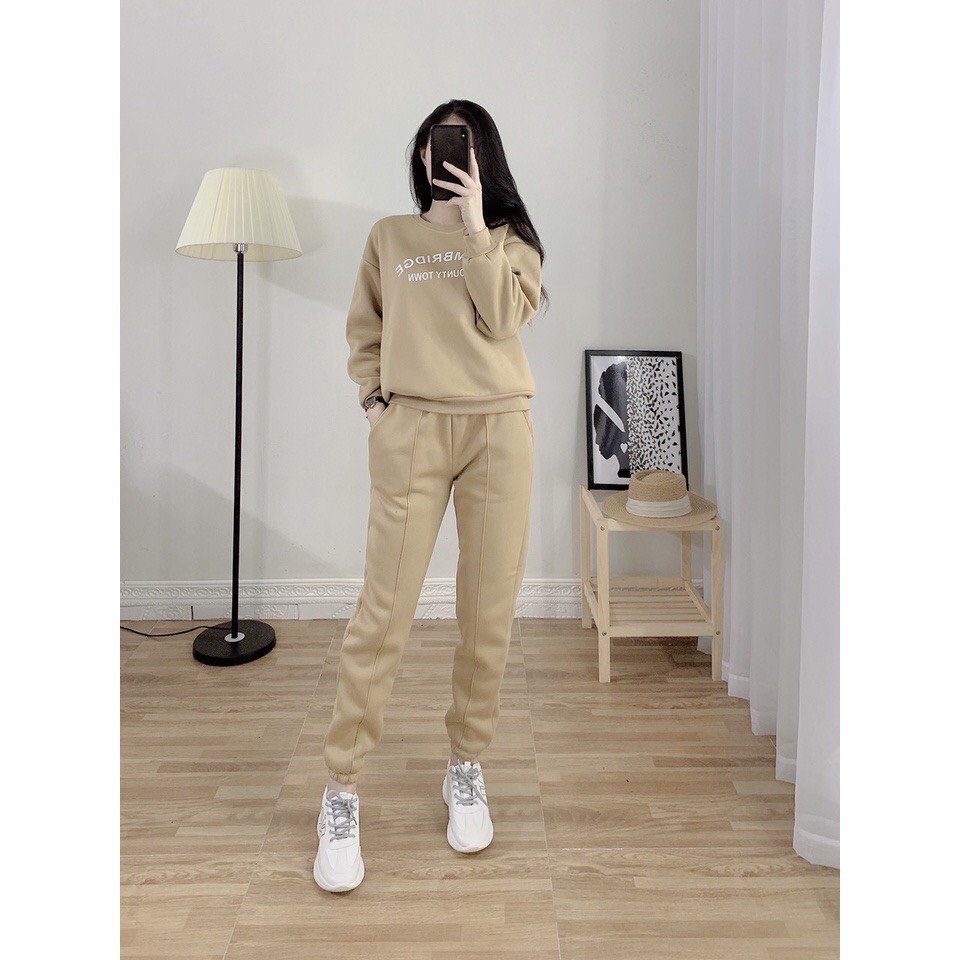 Bộ nỉ nữ thu đông chất vải nỉ bông, Set đồ nữ thu đông quần áo dài tay trẻ trung