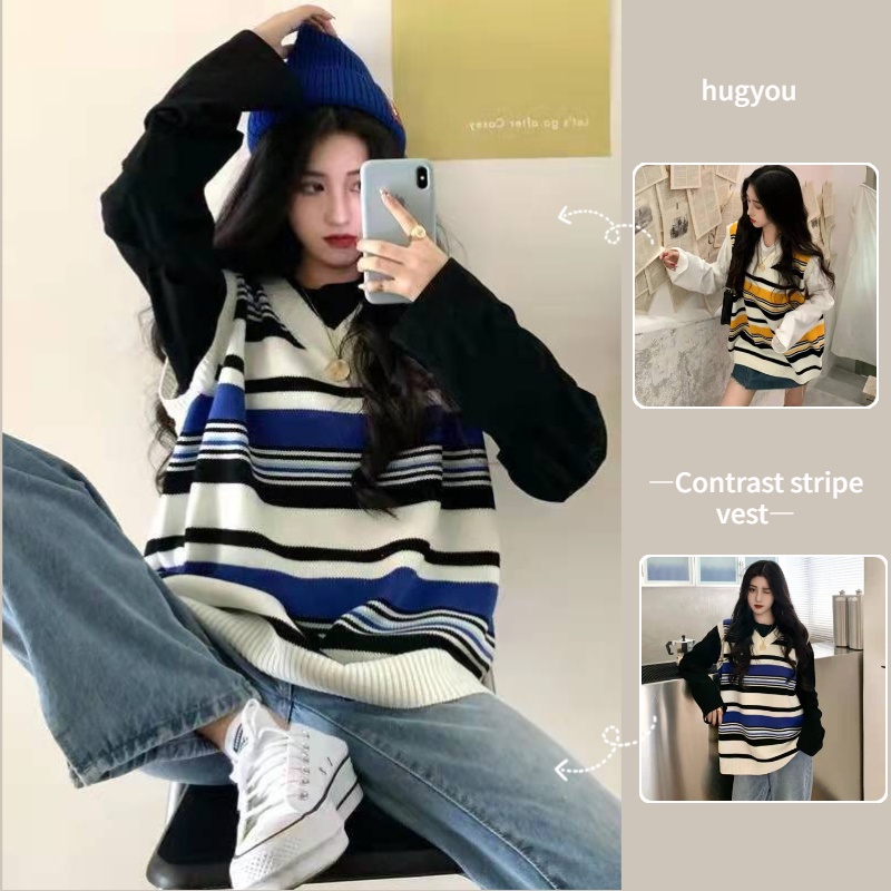 Áo dệt kim không tay họa tiết kẻ sọc phong cách Hàn Quốc Harajuku cho nữ