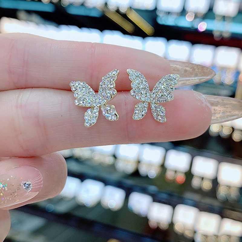 Khuyên tai mạ bạc 925 thiết kế mặt bướm đính đá toàn diện thời trang