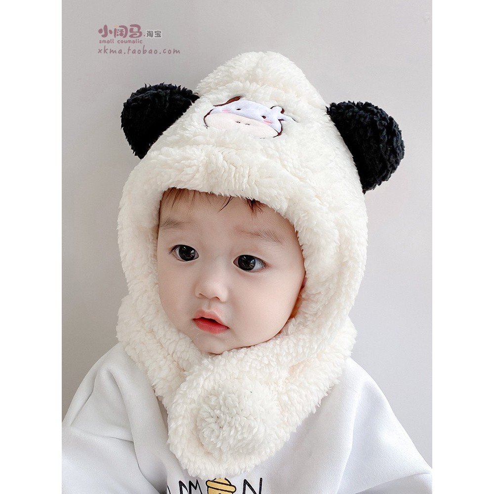 Mũ kèm khăn choàng cổ lông hình bò sữa cho bé