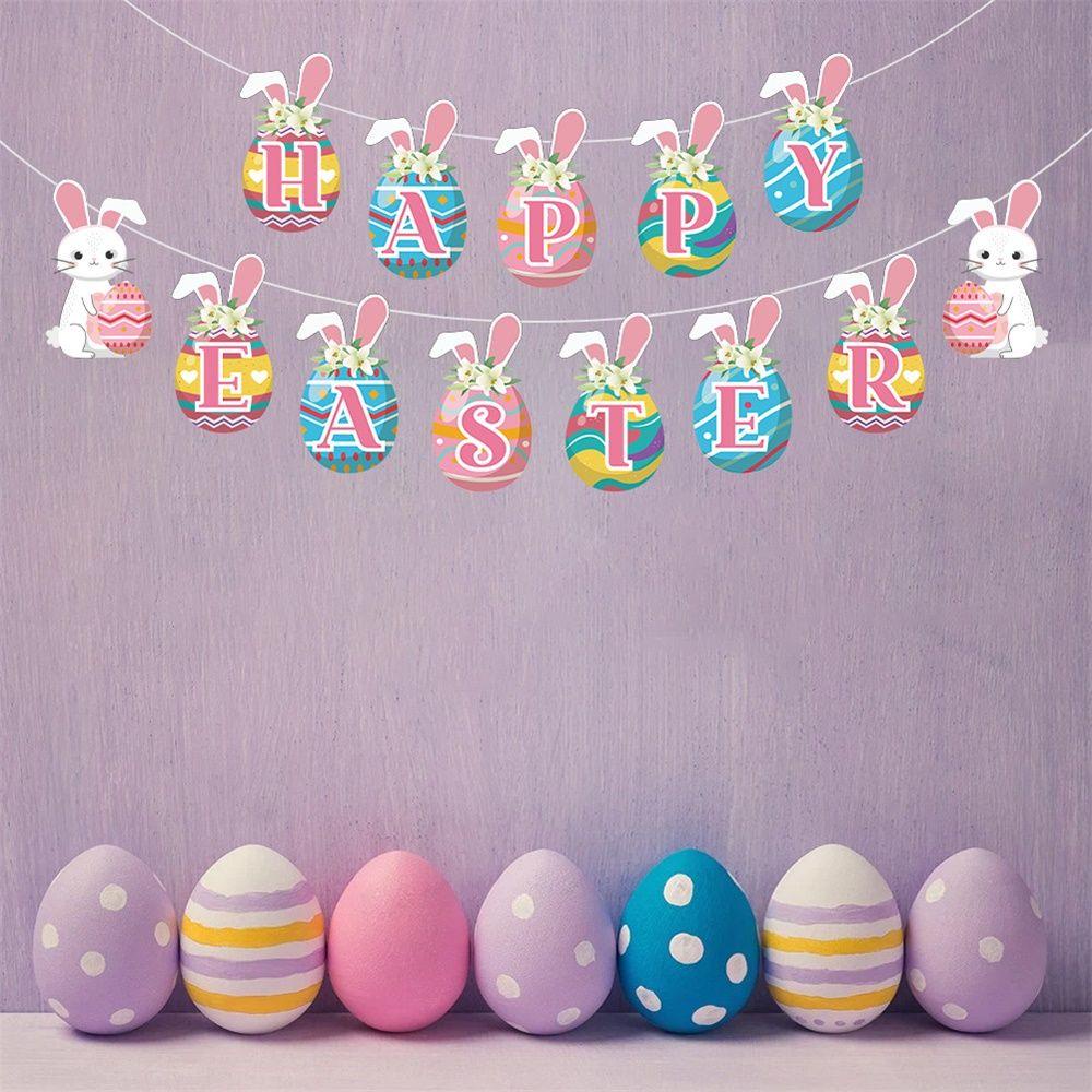 Dây Cờ Bằng Giấy Treo Trang Trí Tiệc Họa Tiết Thỏ Phục Sinh Độc Đáo