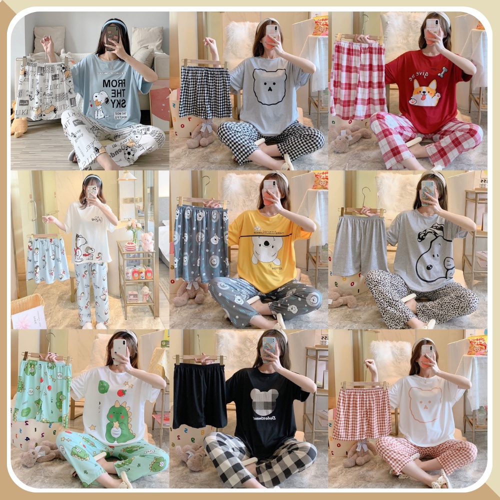 Pijama đồ ngủ nữ dễ thương cotton, đồ bộ nữ mặc nhà thoáng mát, thấm hút mồ hôi - Set 3 món