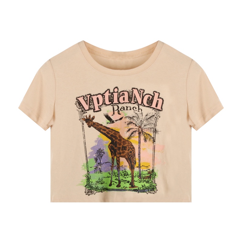 SUXI Áo Thun Tay Ngắn Cổ Tròn Dáng Ôm In Họa Tiết Vintage Thời Trang Mùa Hè Cho Nữ