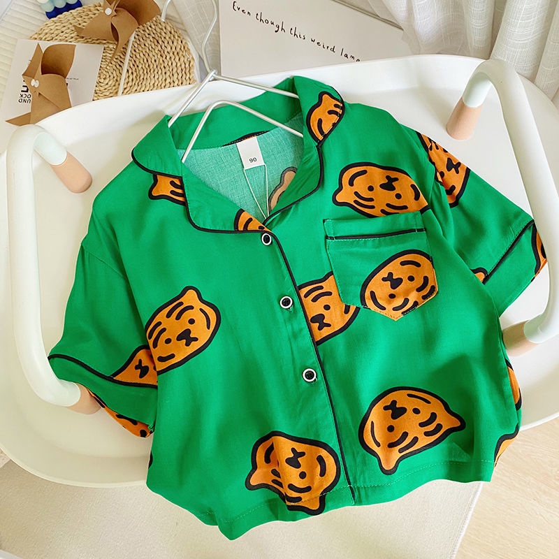 Bộ Đồ Ngủ Ngắn Tay Dáng Rộng In Hình Đầu Hổ Thoải Mái Thời Trang Mùa Hè Cho Bé Trai