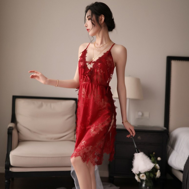[Che tên] Đầm ngủ hai dây phối ren Sexy Girl - Đỏ