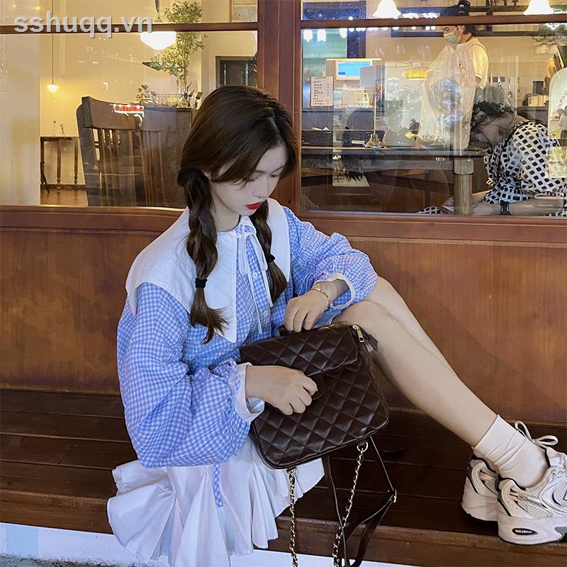 Áo Sơ Mi Tay Dài Phồng Cổ Búp Bê Họa Tiết Sọc Caro Ngọt Ngào Phong Cách Pháp Thời Trang Mùa Thu Mới Cho Nữ 2021