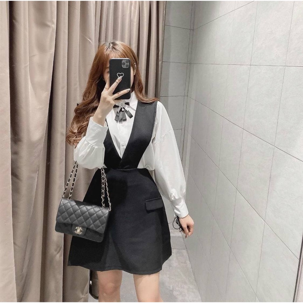 Set Áo Sơ Mi Tay Phồng + Váy Yếm Chữ A (Áo TRẮNG + Váy ĐEN) | BigBuy360 - bigbuy360.vn
