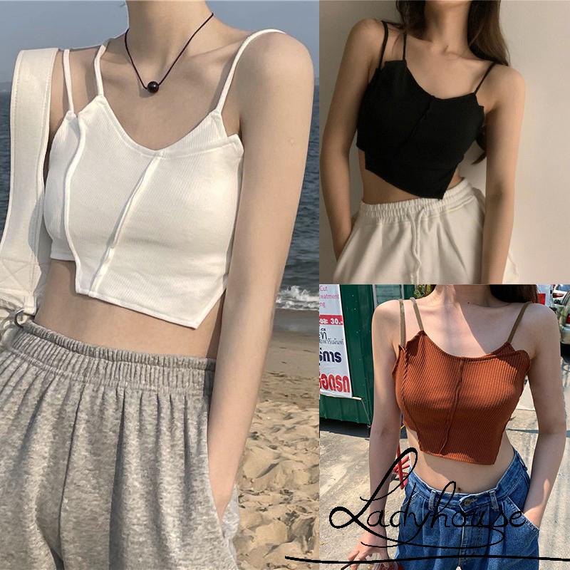 Áo Croptop Hai Dây Dệt Kim Màu Trơn Cho Nữ