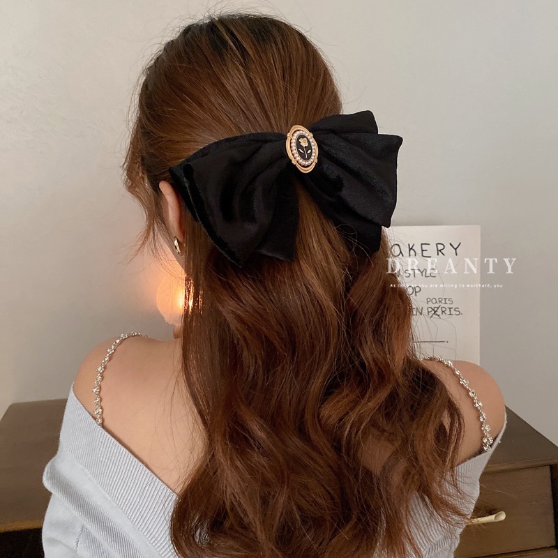 Kẹp Tóc Nơ Vải Nhung Đính Ngọc Trai Thời Trang Hàn Quốc Cho Nữ