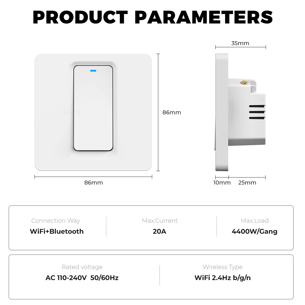 Công tắc máy nước nóng ROVF Wifi Zigbee tuya 20A màu trắng cho cuộc sống thông minh