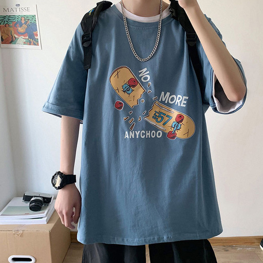 Áo thun tay ngắn dáng rộng in họa tiết ván trượt phong cách Hồng Kông thời trang cho nam