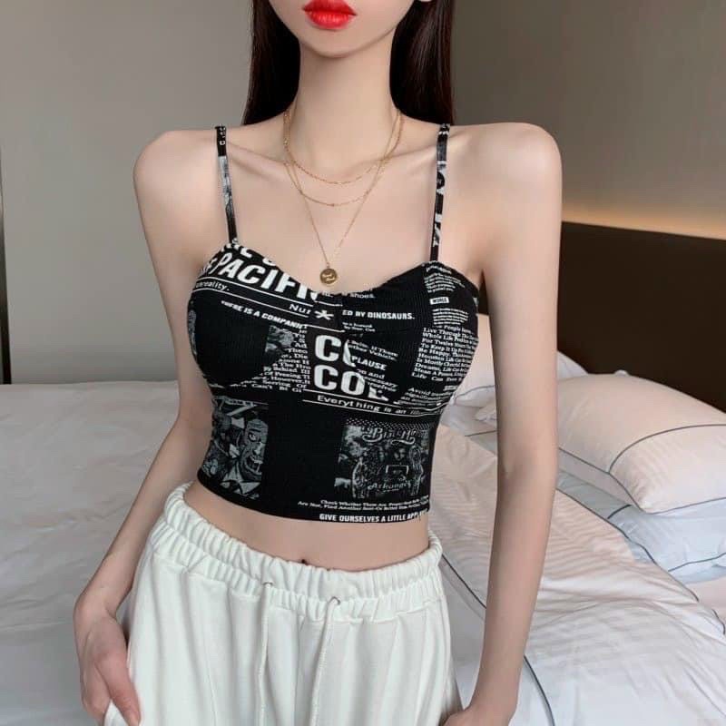 Có mút ngực Áo Dây Đôi Cúp Ngực Cổ V Croptop Chất Borip