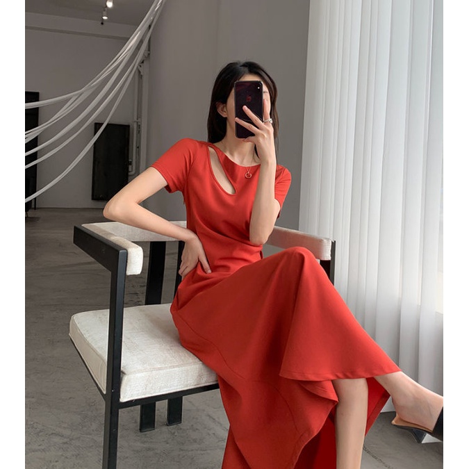 Đầm IELGY màu trơn chiết eo phong cách Pháp thời trang cho nữ