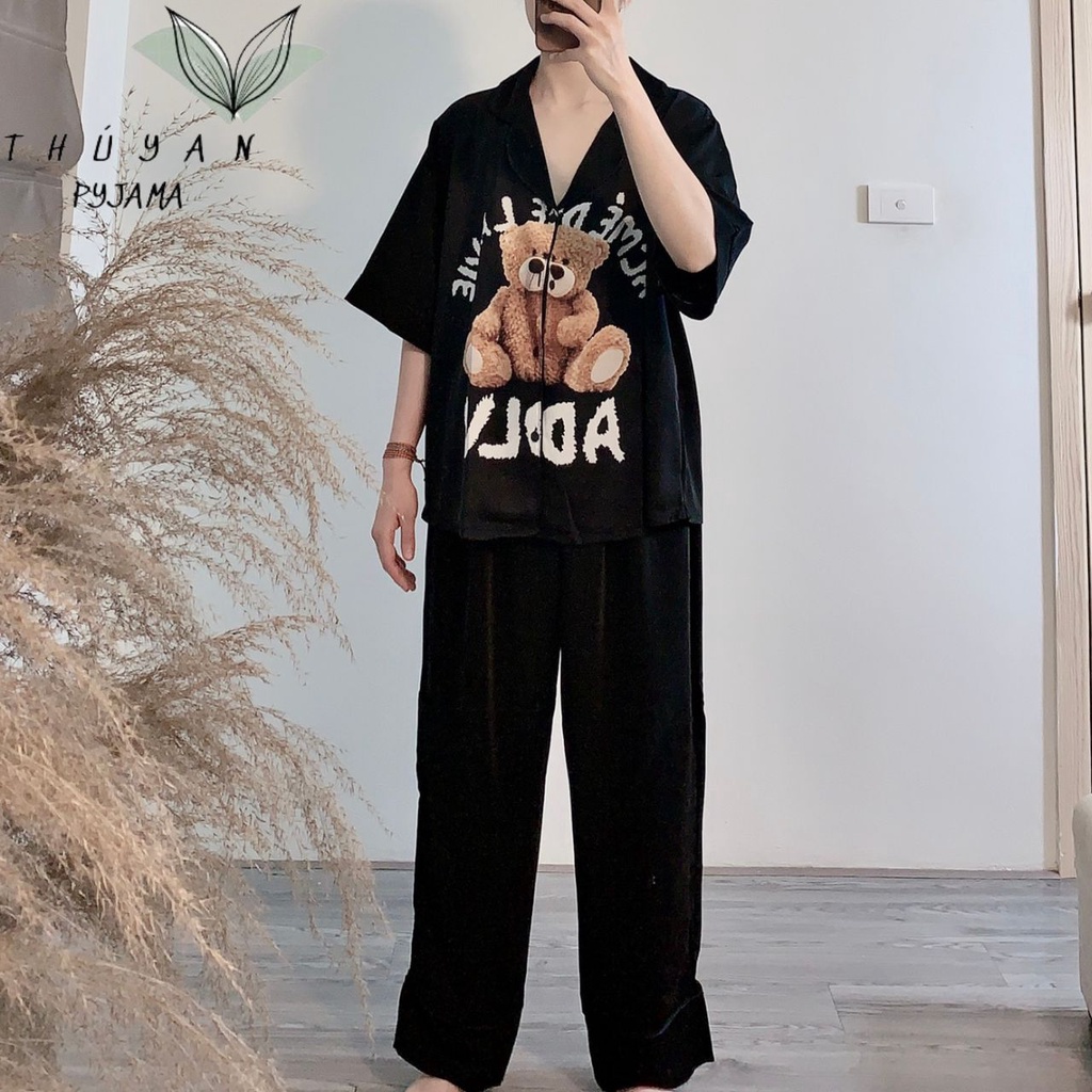 (ẢNH TỰ CHỤP) Bộ Pyjama bigsize gấu vàng cộc dài mặc nhà giá rẻ chất lụa Mango ko nhăn dành cho nữ, bà bầu 60 - 90kg