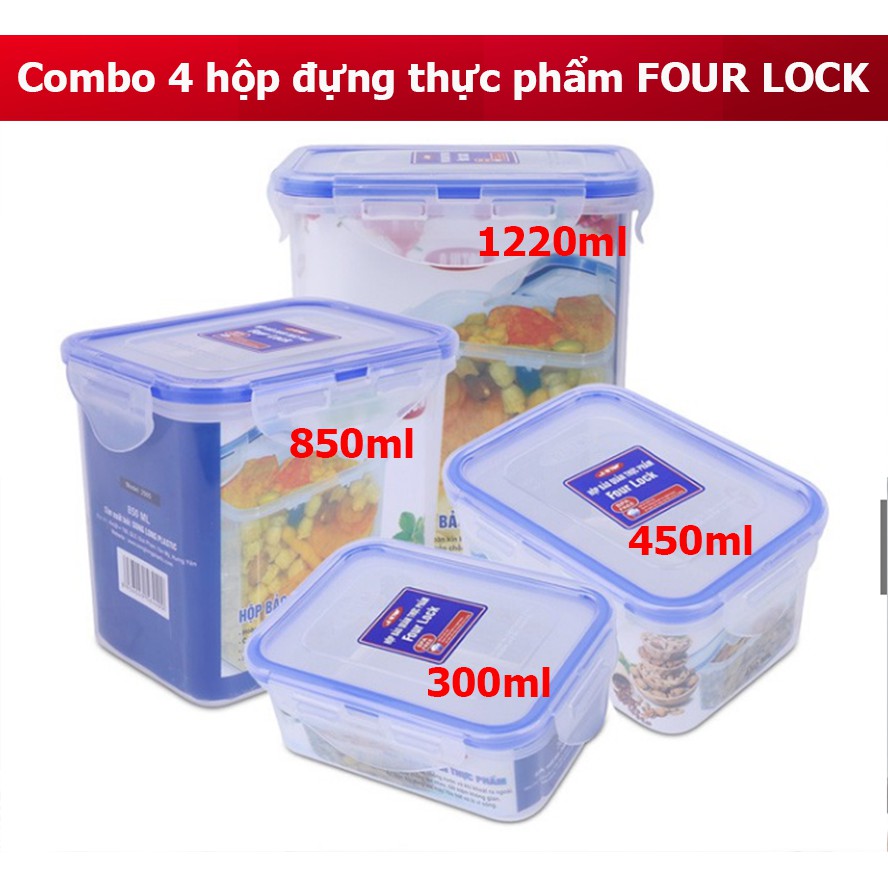 [Combo 4 Chiếc] Hộp đựng bảo quản thực phẩm FOUR LOCK (300ML, 450ML, 850ML, 1220ML)