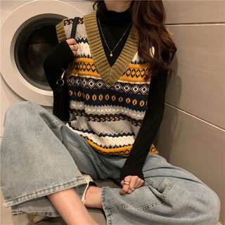 Áo gile len nữ thổ cẩm ullzzang Hàn Quốc