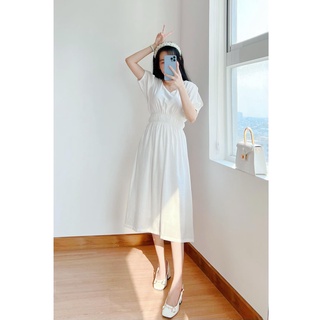 Đầm Trắng Cổ Tim Nhún Eo Xinh