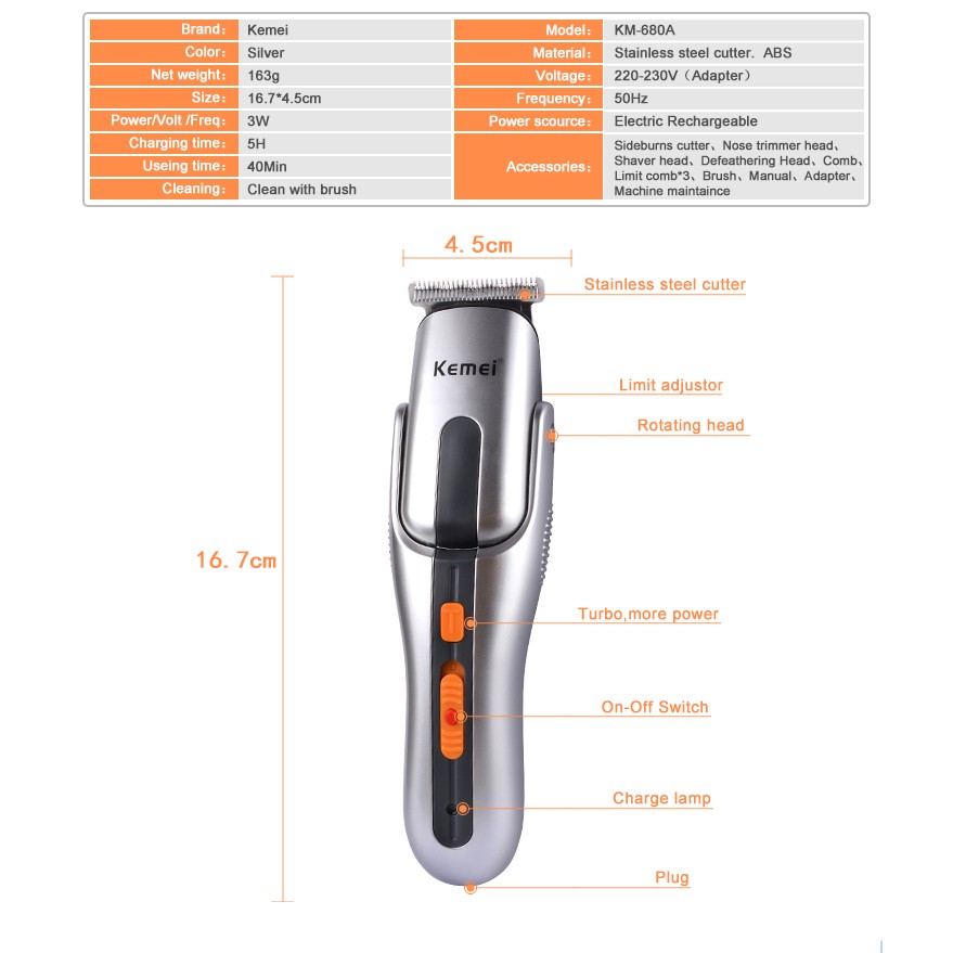 Tông đơ cắt tóc cạo râu điện không dây Kemei KM-680A 5 trong 1 đa năng có thể điều chỉnh và sạc lại