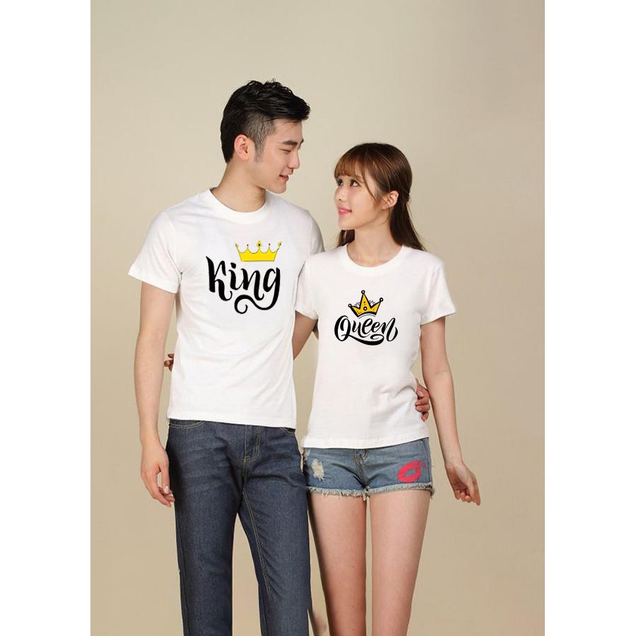 Áo cặp couple tx áo phông đôi KING QUEEN màu trắng dành cho nam và nữ AT170