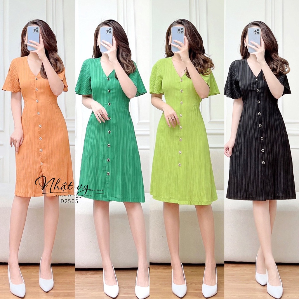 Đầm dự tiệc Nhật Vy cổ tim tay cánh tiên cài cúc eo bo thun chất tơ vân phù hợp đi chơi, cafe sang chảnh  - D2505